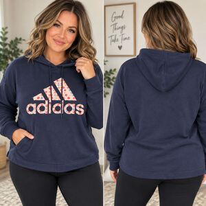 Adidas Women 1X Navy Fleece Hoodie Colorful Logo Pullover Plus Size Athleisure